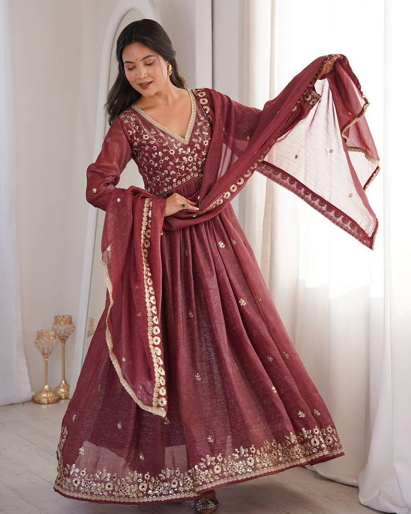 Dusty Maroon Color Crunchy SilkThree Piece Anarkali Suit