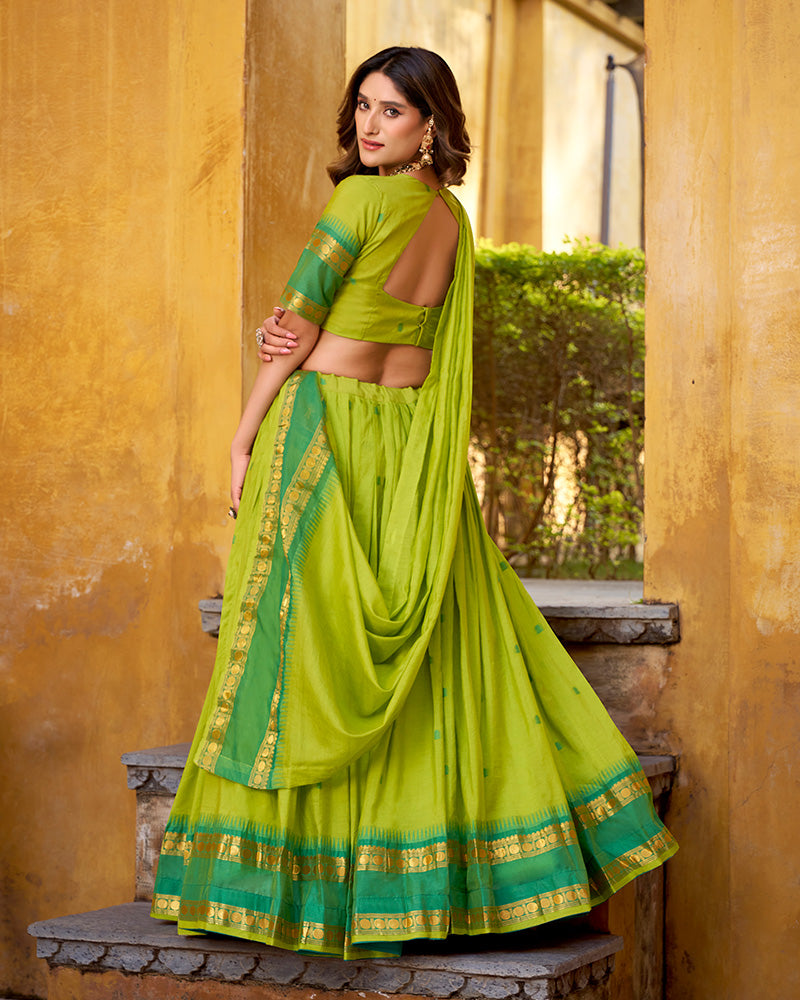 Elegant Parrot Green Chanderi cotton half saree lehenga choli