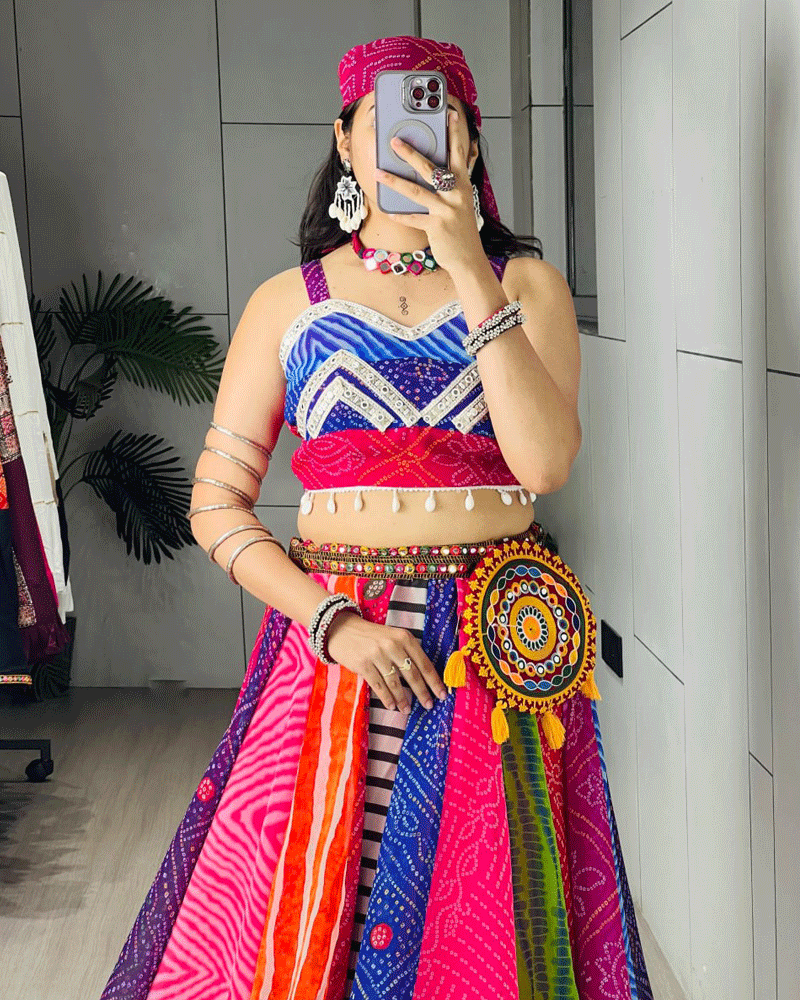 Multi Color Faux Georgette Printed Navratri Lehenga Set