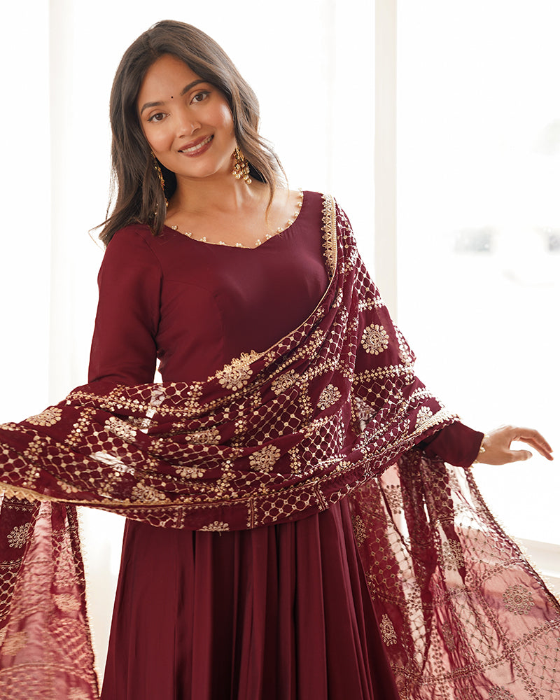 Maroon Color Roman Silk CHanderi Three Piece Anarkali Suit
