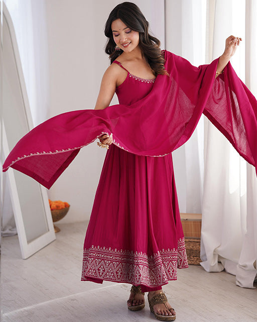 Rani Pink Color Roman Silk Chanderi Silk Three Piece Anarkali Suit
