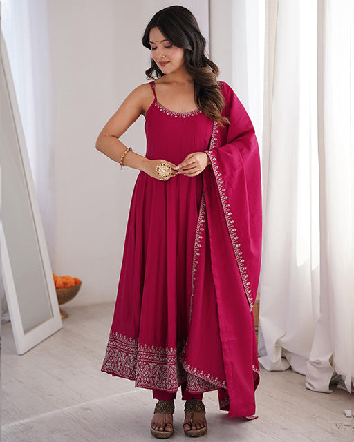 Rani Pink Color Roman Silk Chanderi Silk Three Piece Anarkali Suit