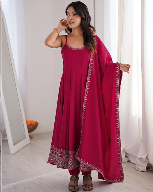 Rani Pink Color Roman Silk Chanderi Silk Three Piece Anarkali Suit