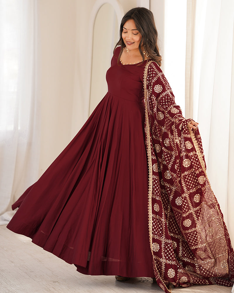 Maroon Color Roman Silk CHanderi Three Piece Anarkali Suit