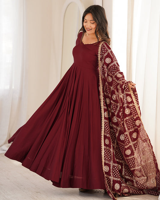Maroon Color Roman Silk CHanderi Three Piece Anarkali Suit