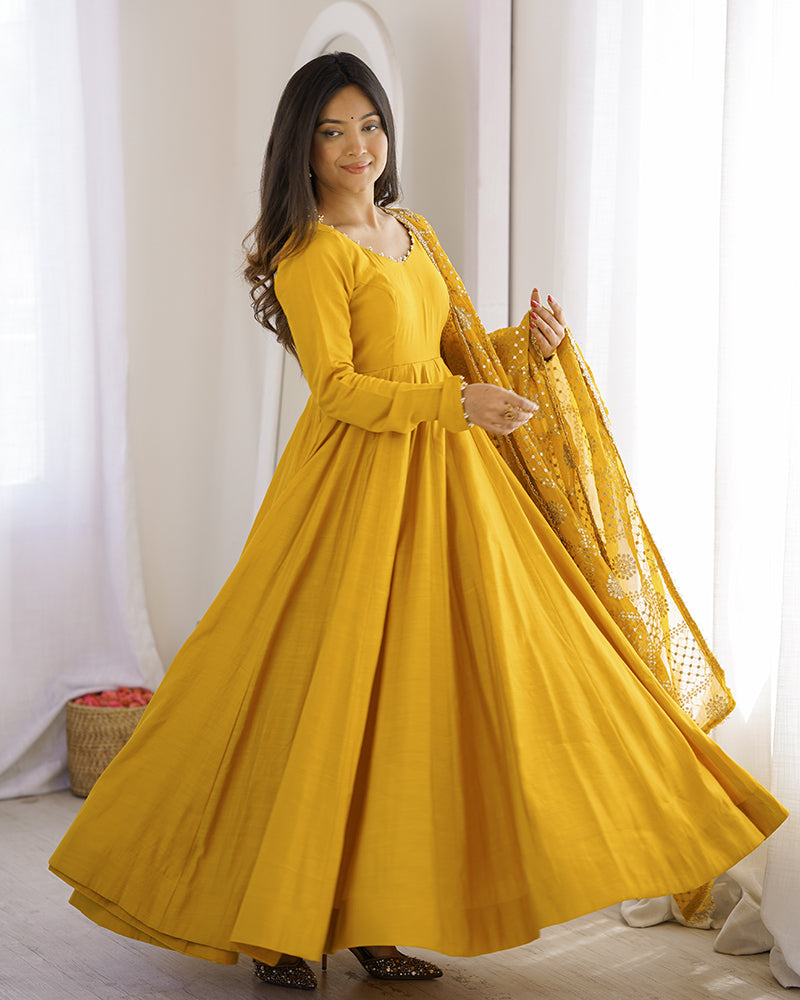 Yellow Color Roman Silk CHanderi Three Piece Anarkali Suit