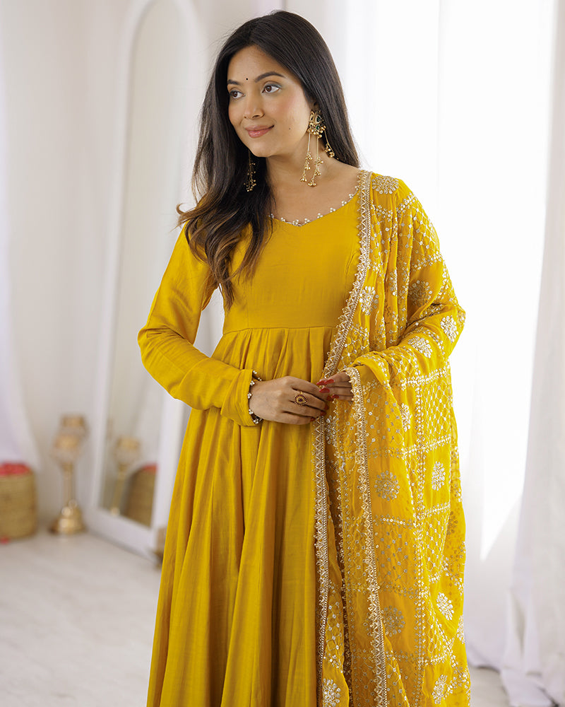 Yellow Color Roman Silk CHanderi Three Piece Anarkali Suit
