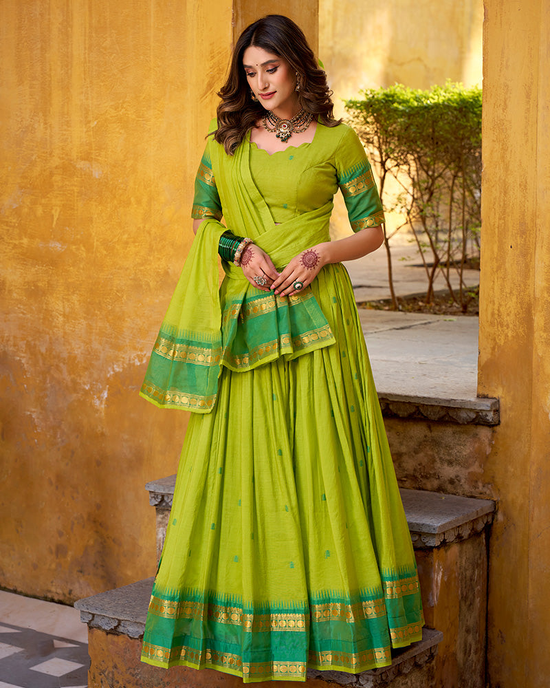 Elegant Parrot Green Chanderi cotton half saree lehenga choli