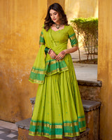 Elegant Parrot Green Chanderi cotton half saree lehenga choli