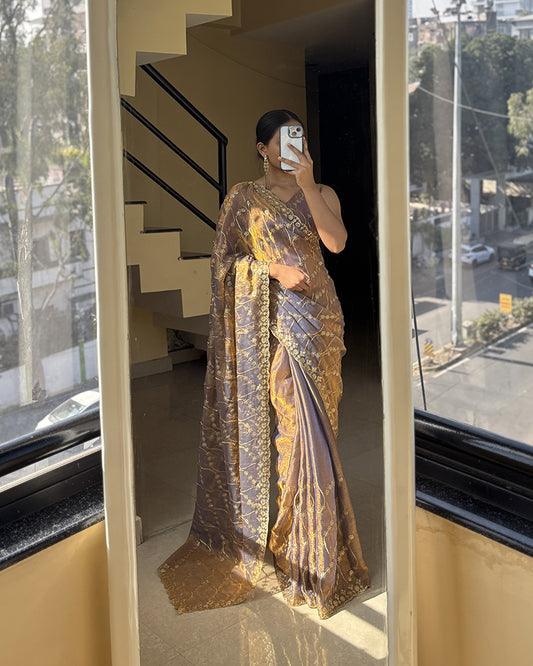 Luvender Color Space Silk Embroidered Saree