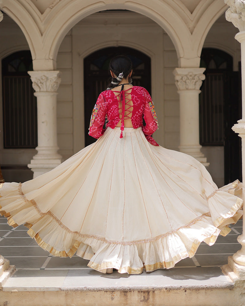 Vibrant Gamthi Work Rani Pink Kediya With Off-White Traditional Lehenga