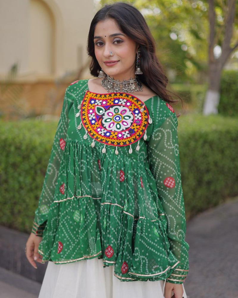 Green Color Bandhani Printed With Kora Cotton Lehenga