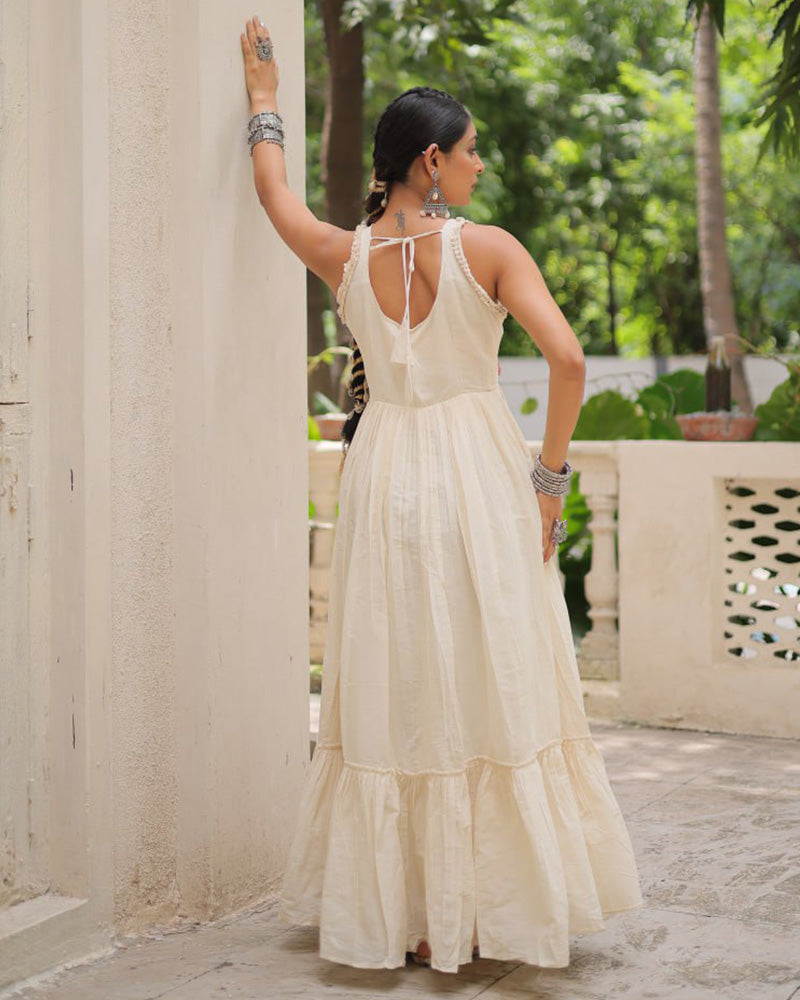 Elegant Off-White Ethnic Gown With Multicolor Kutchi Embroidery