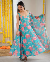 Sky Blue Color Pure Muslin Cotton Three Piece Anarkali Suit