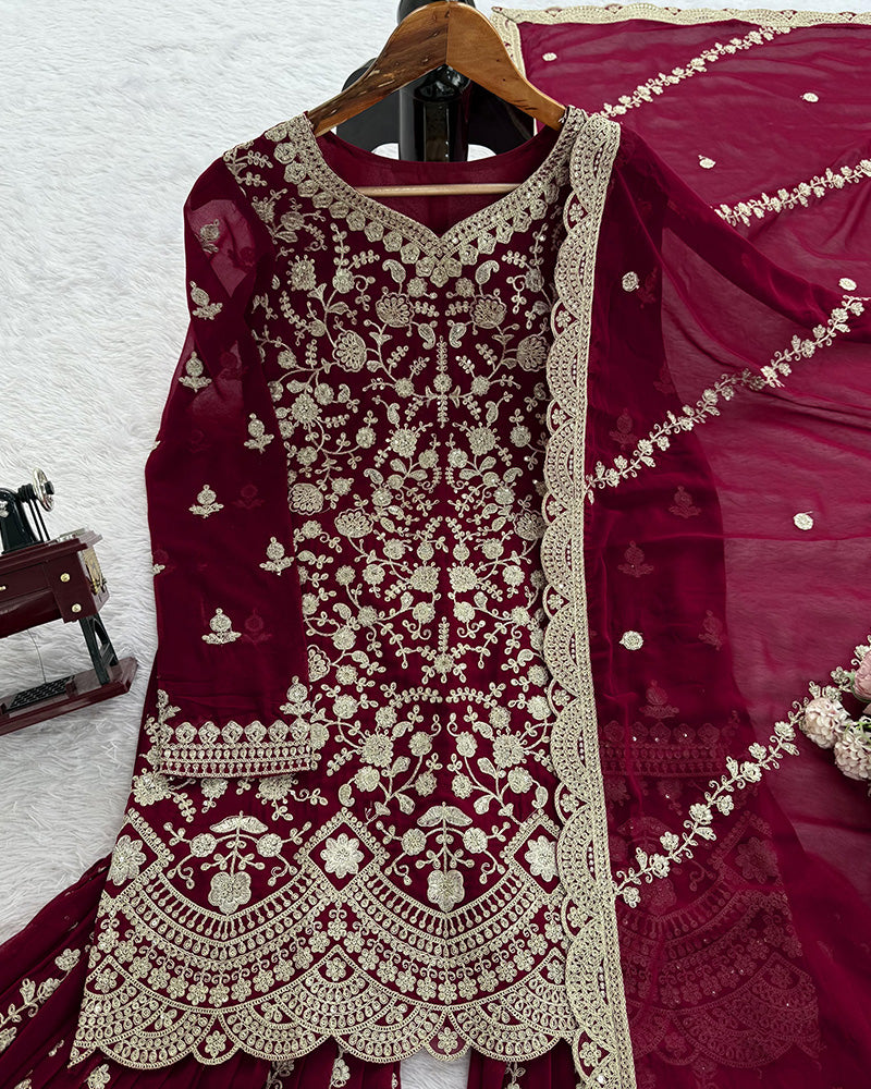 Deep Maroon Color Georgette Embroidered Sharara Suit