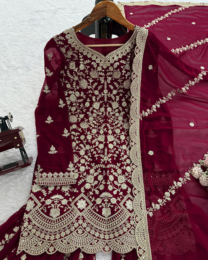 Deep Maroon Color Georgette Embroidered Sharara Suit