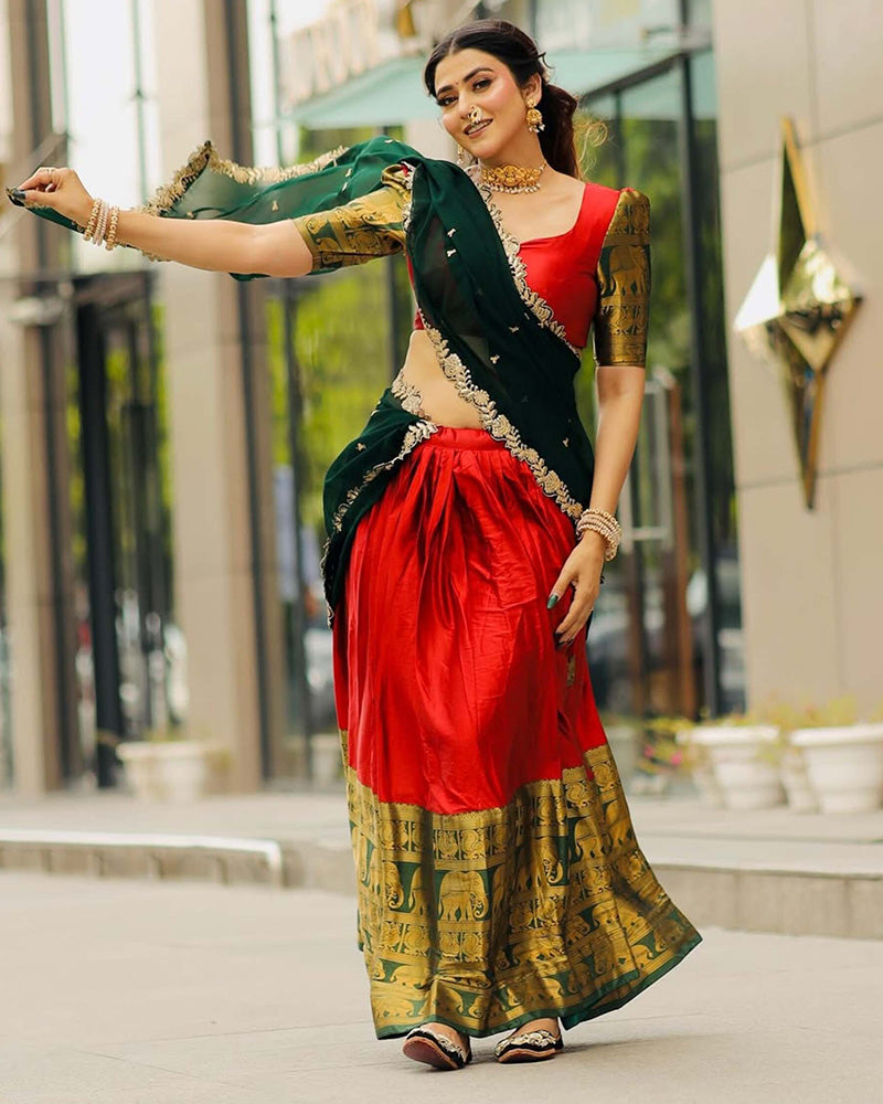 Sweta Chauhan In Red Color Narayan Pattu Silk Designer Half Saree