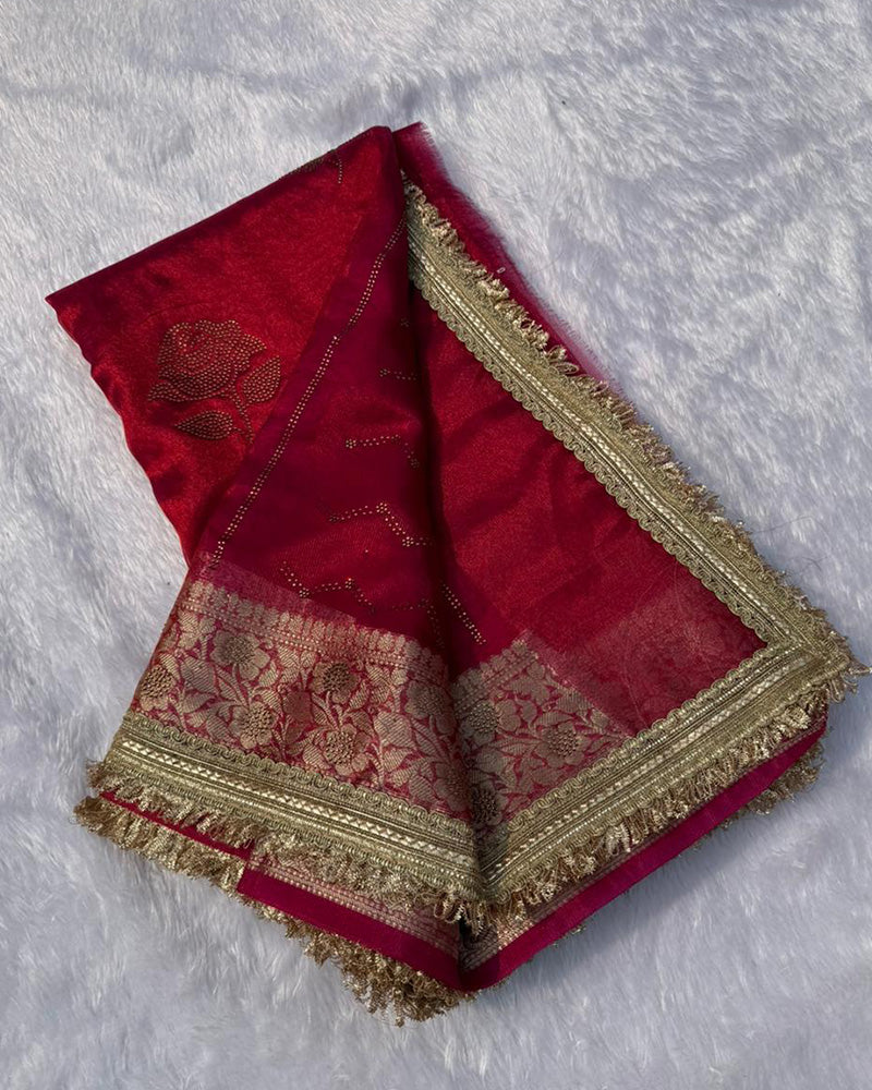 Premium Red Color Organza Tissue Silk Saree