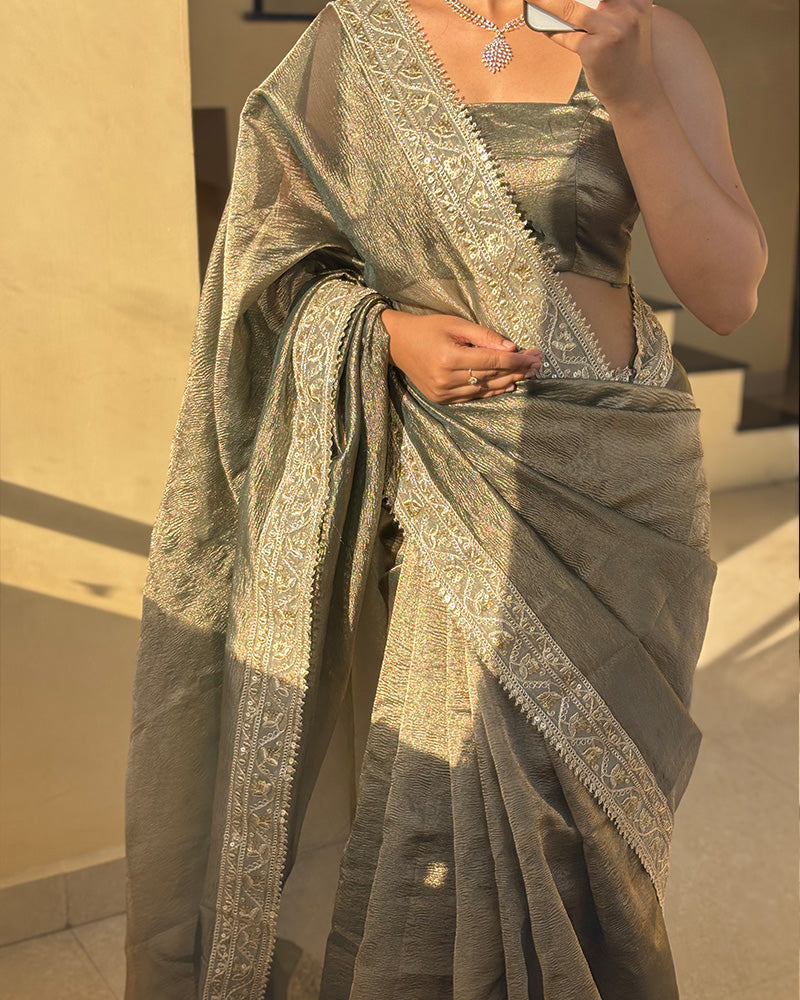 Premium Mehndi Color Tissue Crush Saree