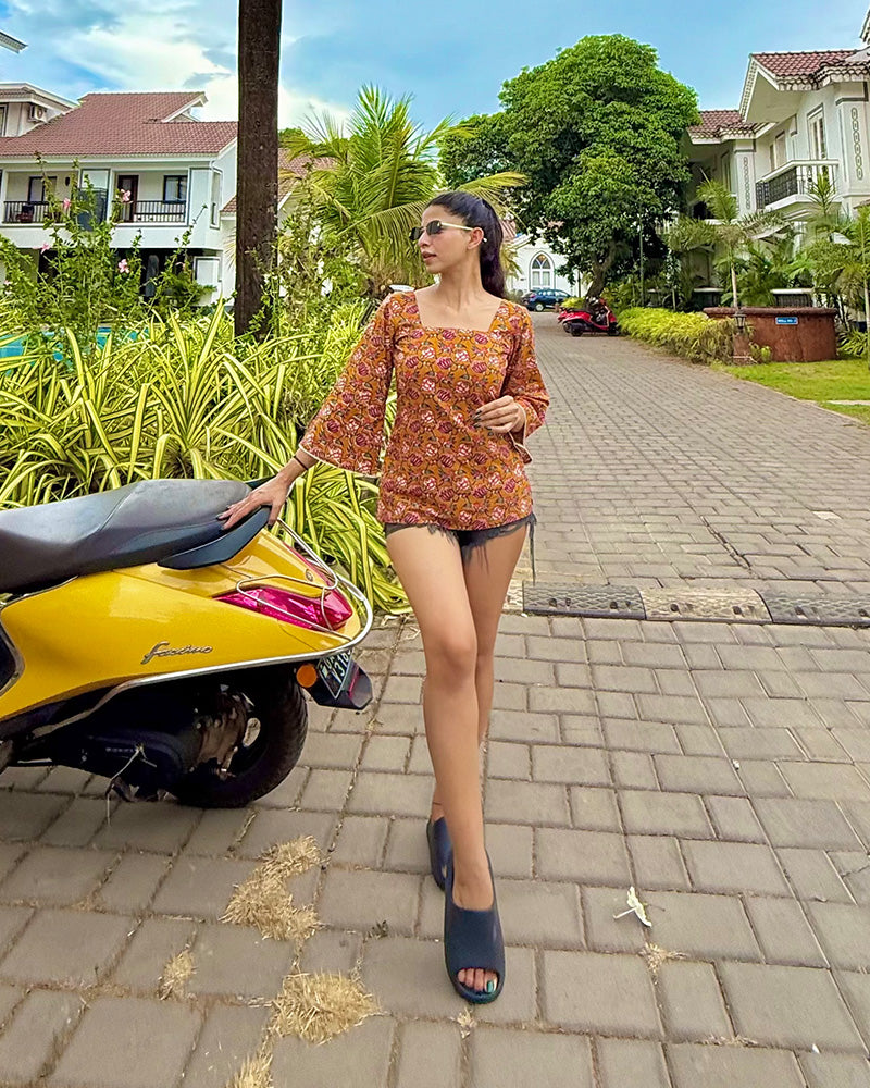 Mustard Color Pure Cotton Lotus Printed Tunic