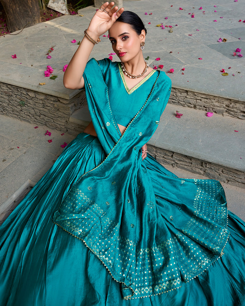 Sky Blue Color Pure Chanderi Plain Navratri Half Saree