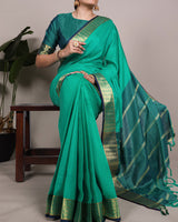 Bottle Green Color Zari Weaving Poly Cotton Saree