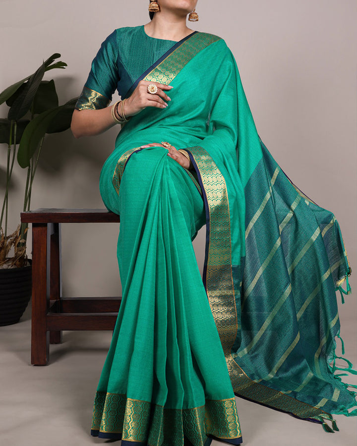 Bottle Green Color Zari Weaving Poly Cotton Saree