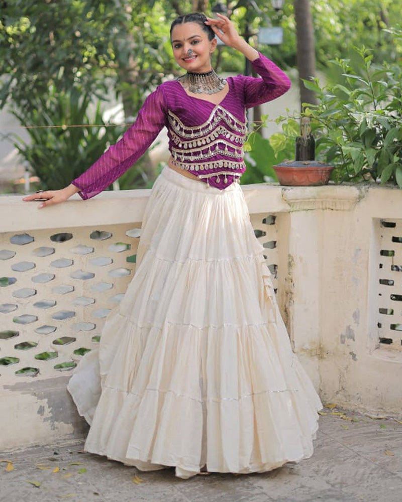 Purple Color Laheriya Print Kurti With Kora Cotton Lehenga