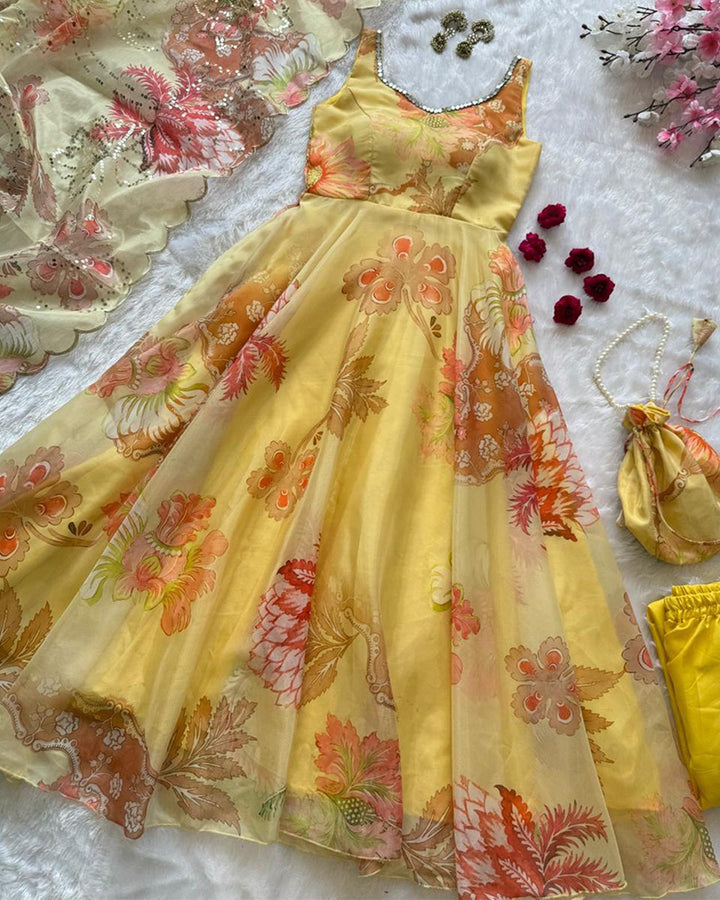 Yellow Color Digital Printed Soft Organza Anarkali Suit
