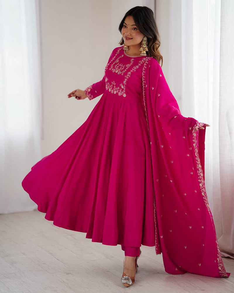 Rani Pink Color Chanderi Silk Three Piece Anarkali Suit