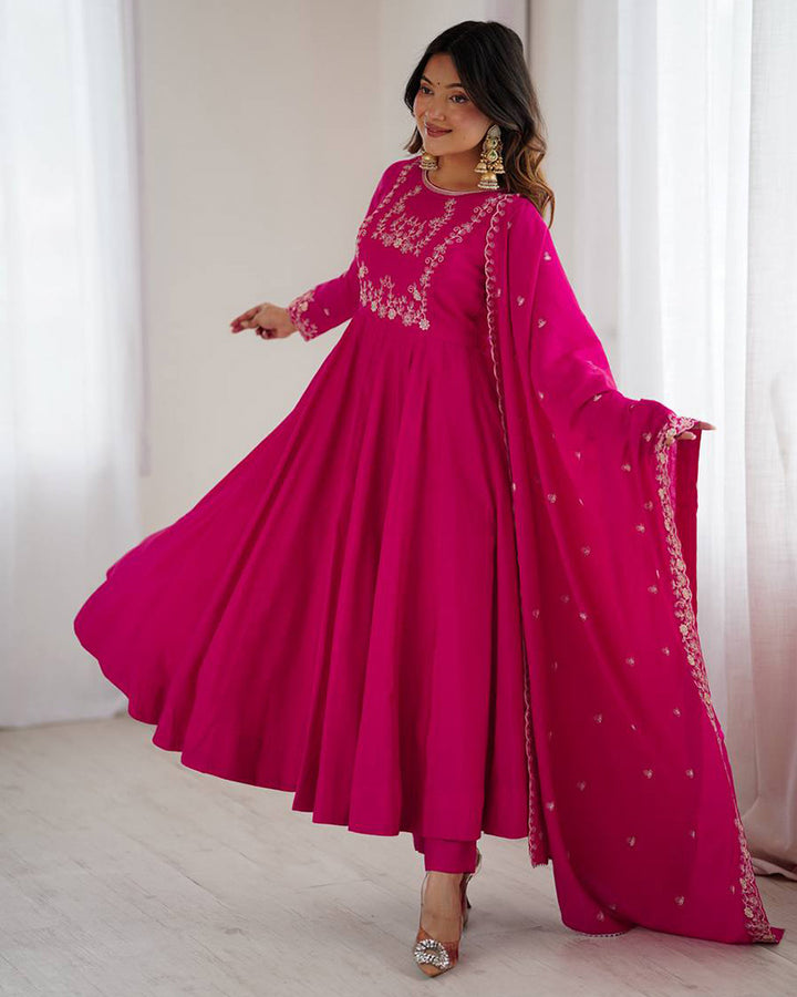 Rani Pink Color Chanderi Silk Three Piece Anarkali Suit