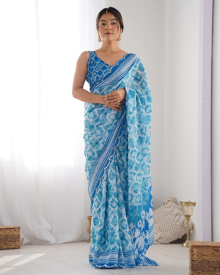 Sky Blue Color Chinnon Silk Saree