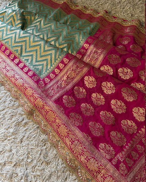 Teal Blue Color Banarasi Khadi Katan Georgette Silk Saree
