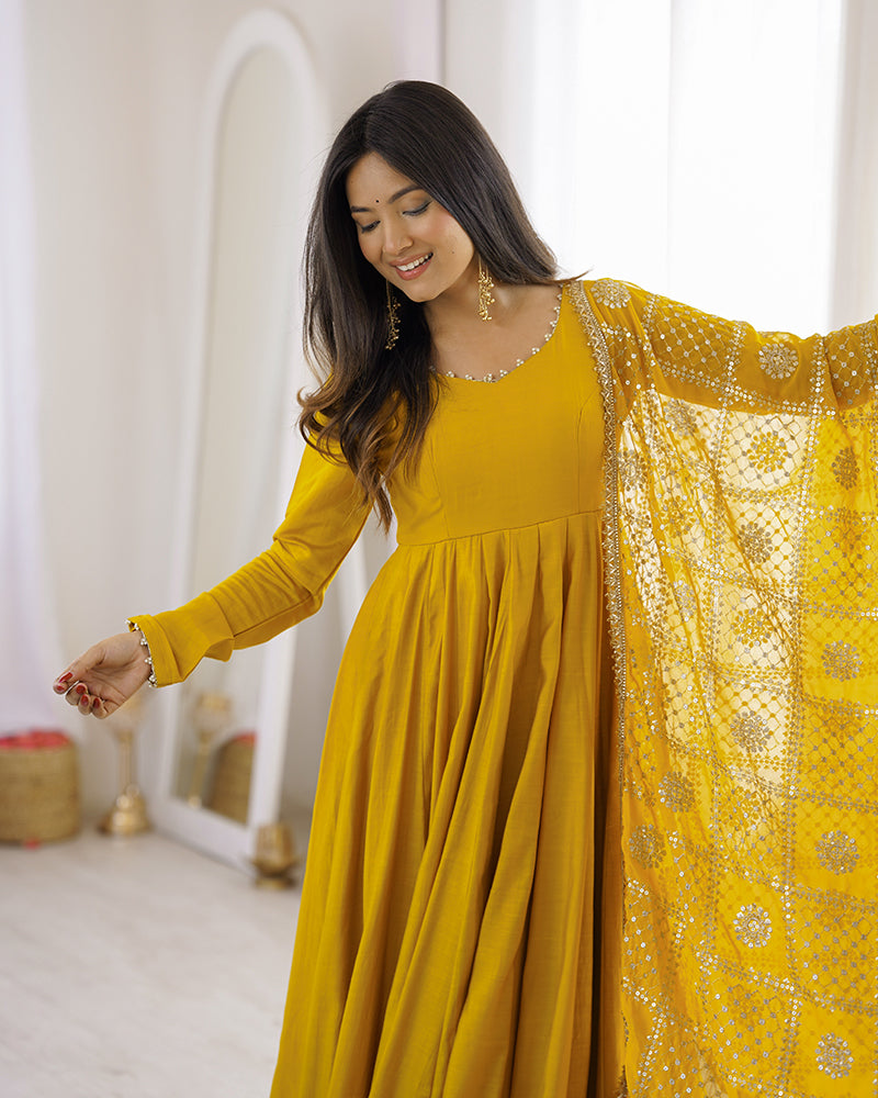 Yellow Color Roman Silk CHanderi Three Piece Anarkali Suit