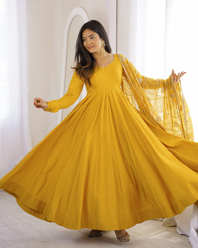 Yellow Color Roman Silk CHanderi Three Piece Anarkali Suit