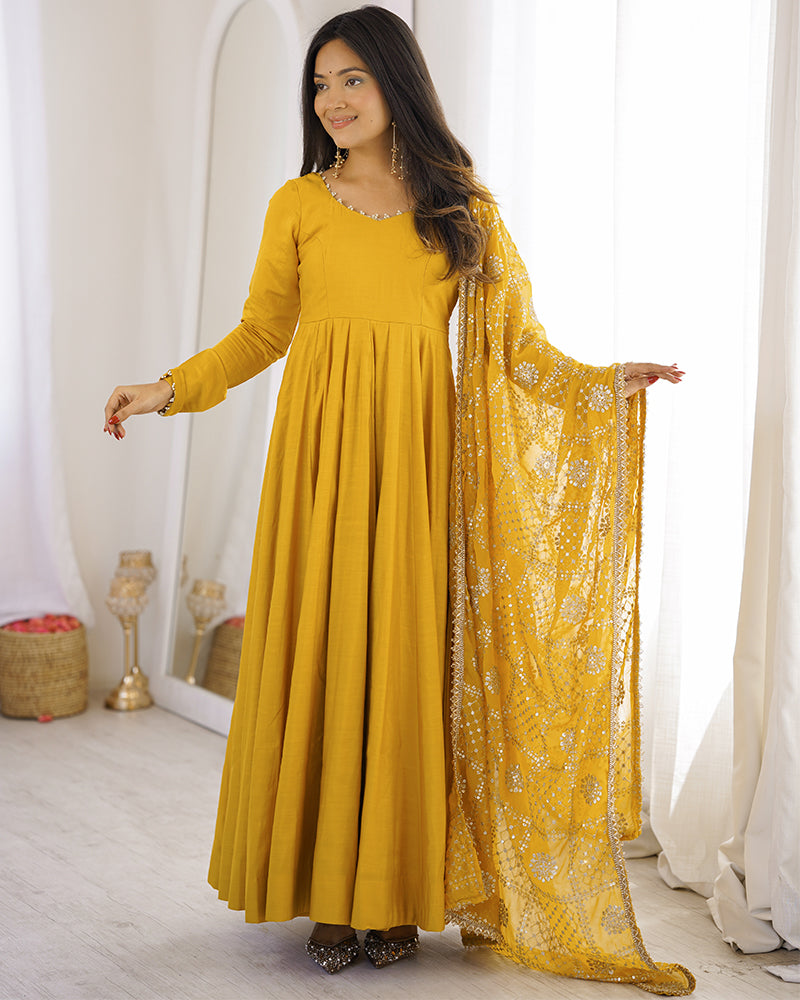 Yellow Color Roman Silk CHanderi Three Piece Anarkali Suit