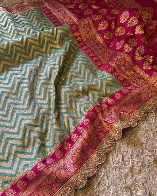Teal Blue Color Banarasi Khadi Katan Georgette Silk Saree