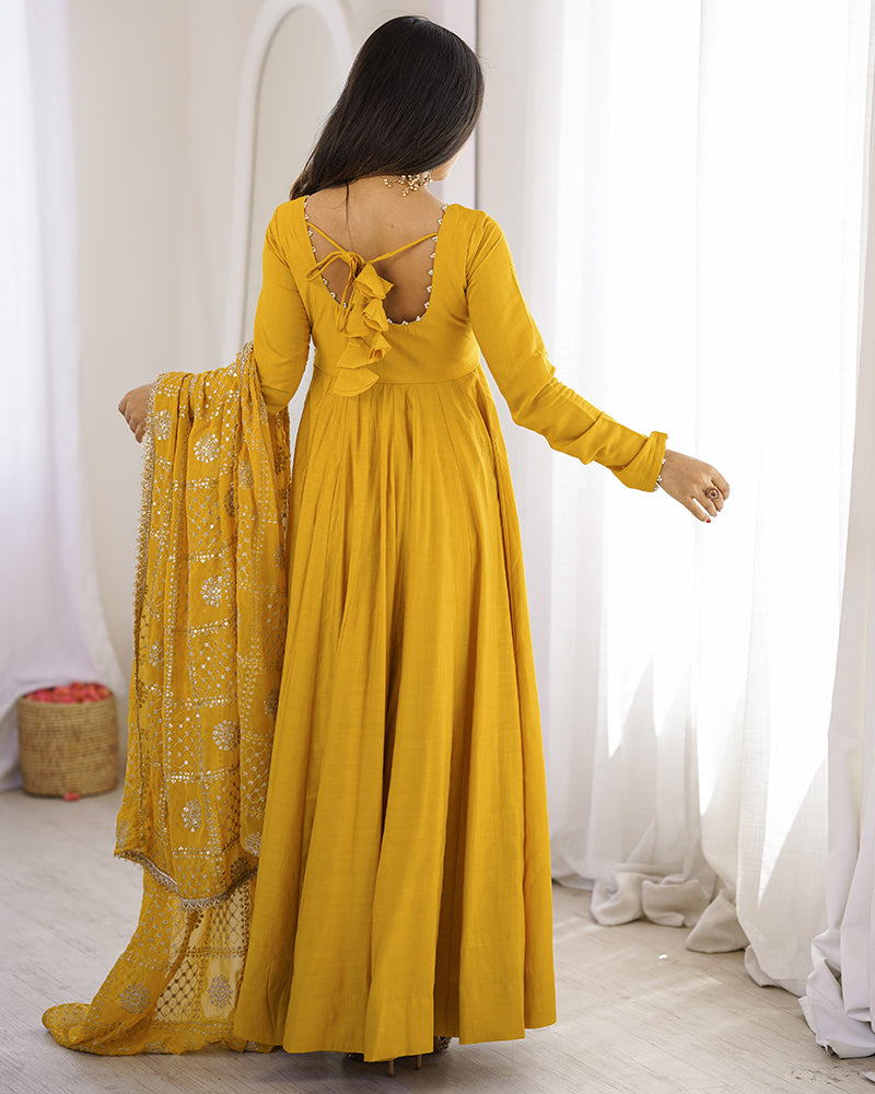 Yellow Color Roman Silk CHanderi Three Piece Anarkali Suit