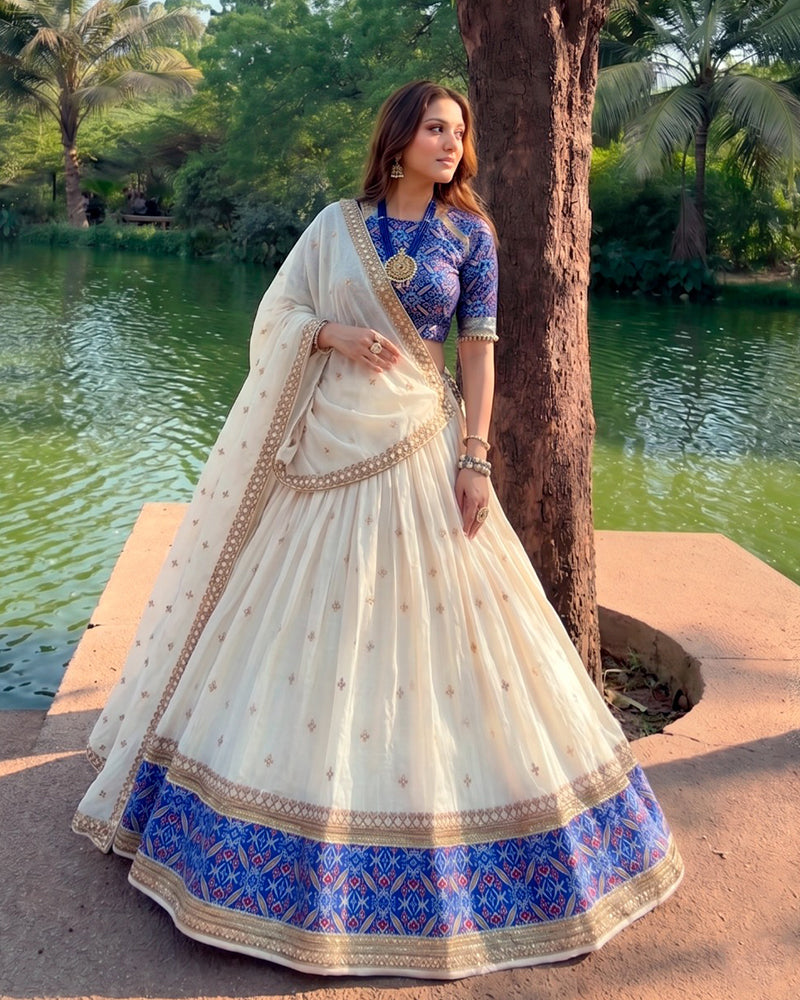 Off-White Color Vichitra Silk Sequence Embroidered Lehenga Choli