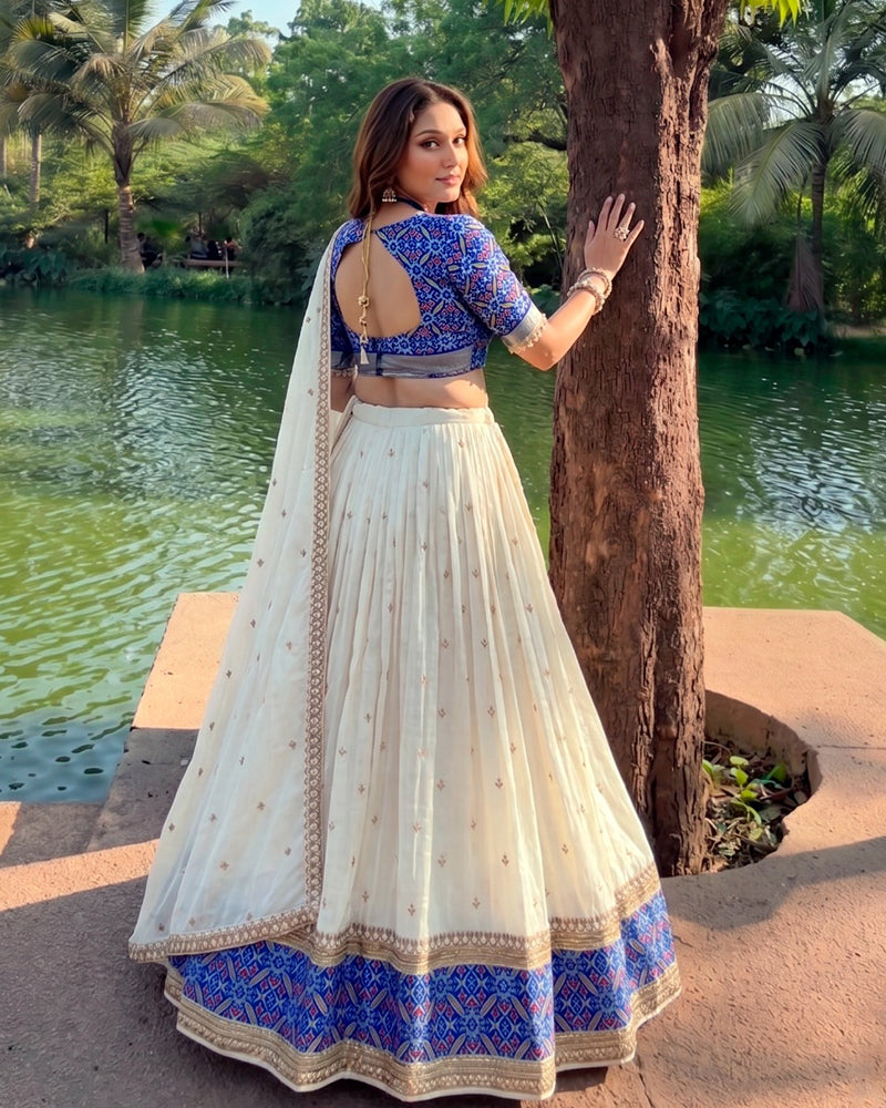 Off-White Color Vichitra Silk Sequence Embroidered Lehenga Choli