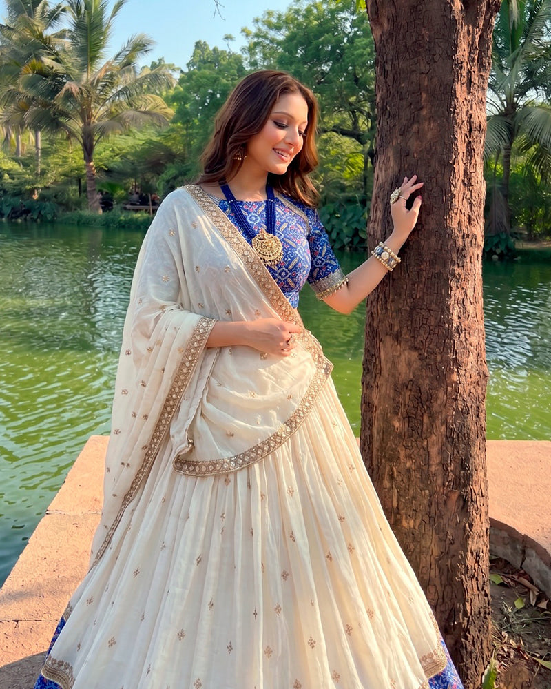 Off-White Color Vichitra Silk Sequence Embroidered Lehenga Choli