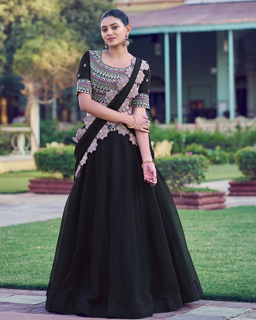 Black Color Aurum Georgette Embroidered Lehenga Choli
