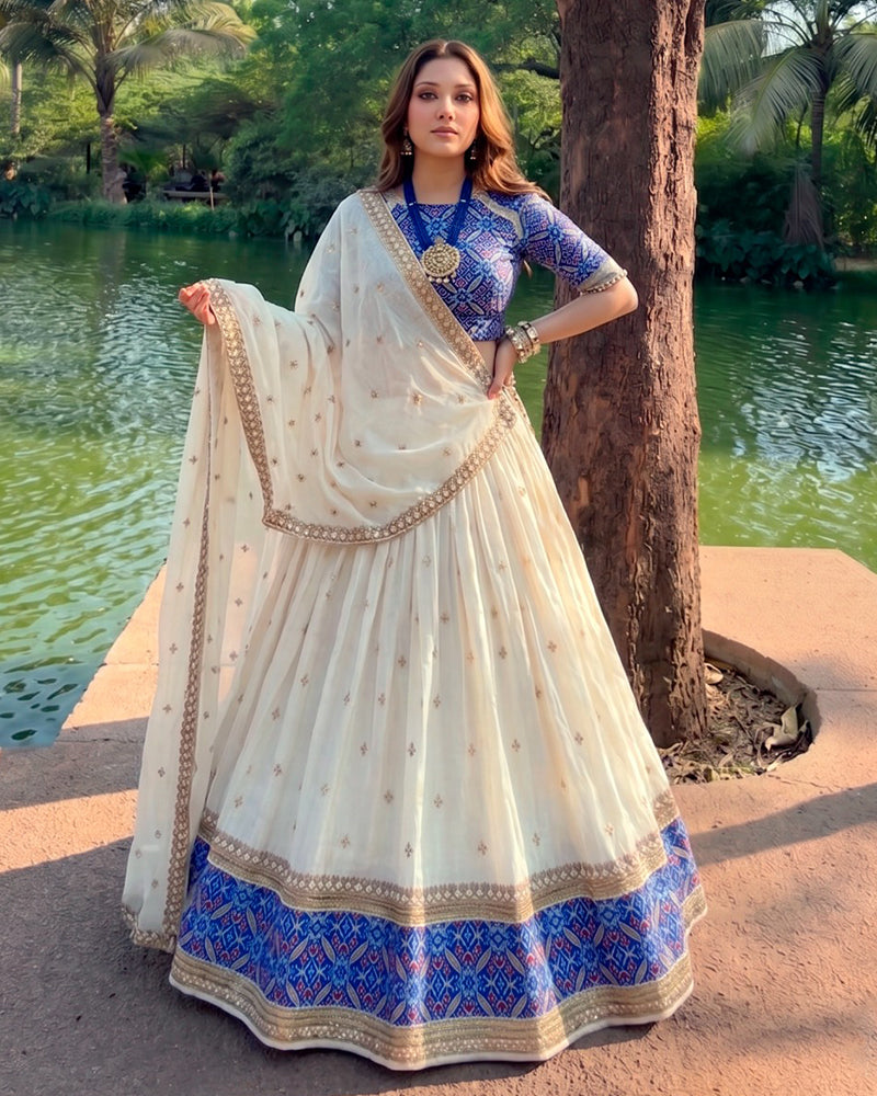 Off-White Color Vichitra Silk Sequence Embroidered Lehenga Choli