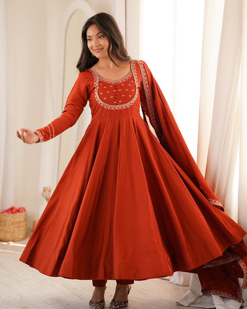 Rust Orange Color Roman Silk CHanderi Three Piece Anarkali Suit