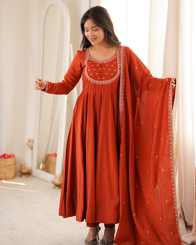 Rust Orange Color Roman Silk CHanderi Three Piece Anarkali Suit