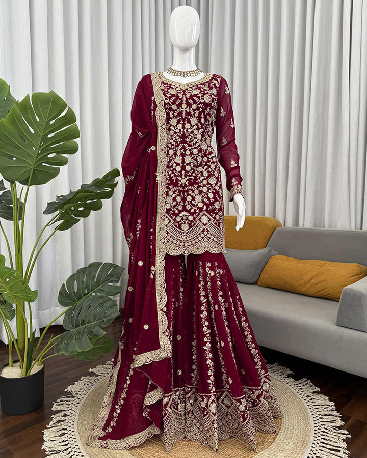 Deep Maroon Color Georgette Embroidered Sharara Suit