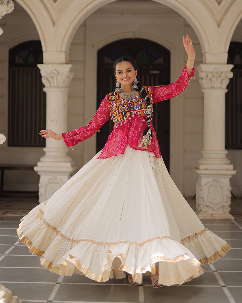 Vibrant Gamthi Work Rani Pink Kediya With Off-White Traditional Lehenga