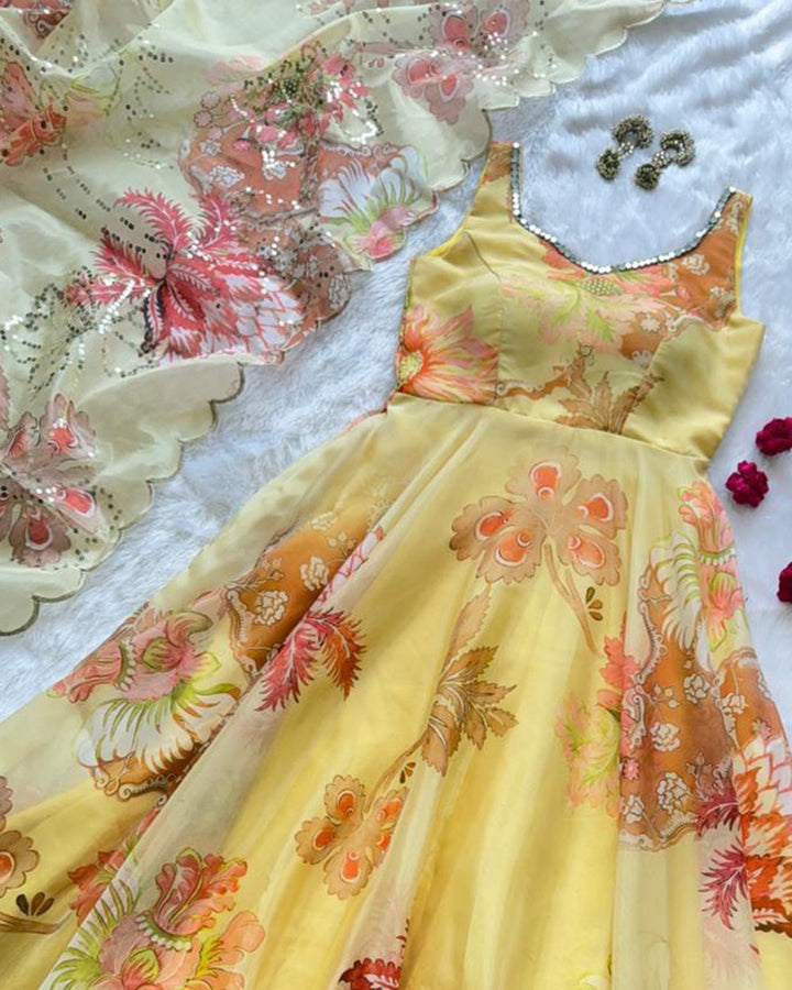 Yellow Color Digital Printed Soft Organza Anarkali Suit