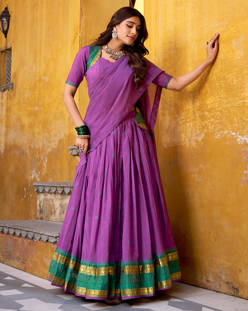 Elegant Purple Chanderi cotton half saree lehenga choli