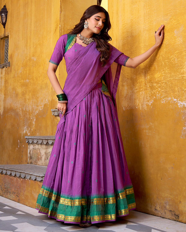 Elegant Purple Chanderi cotton half saree lehenga choli